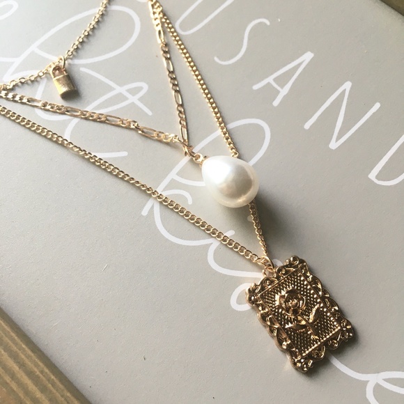 Layered Rose Portrait Pearl Drop Gold Necklace - Picture 6 of 10